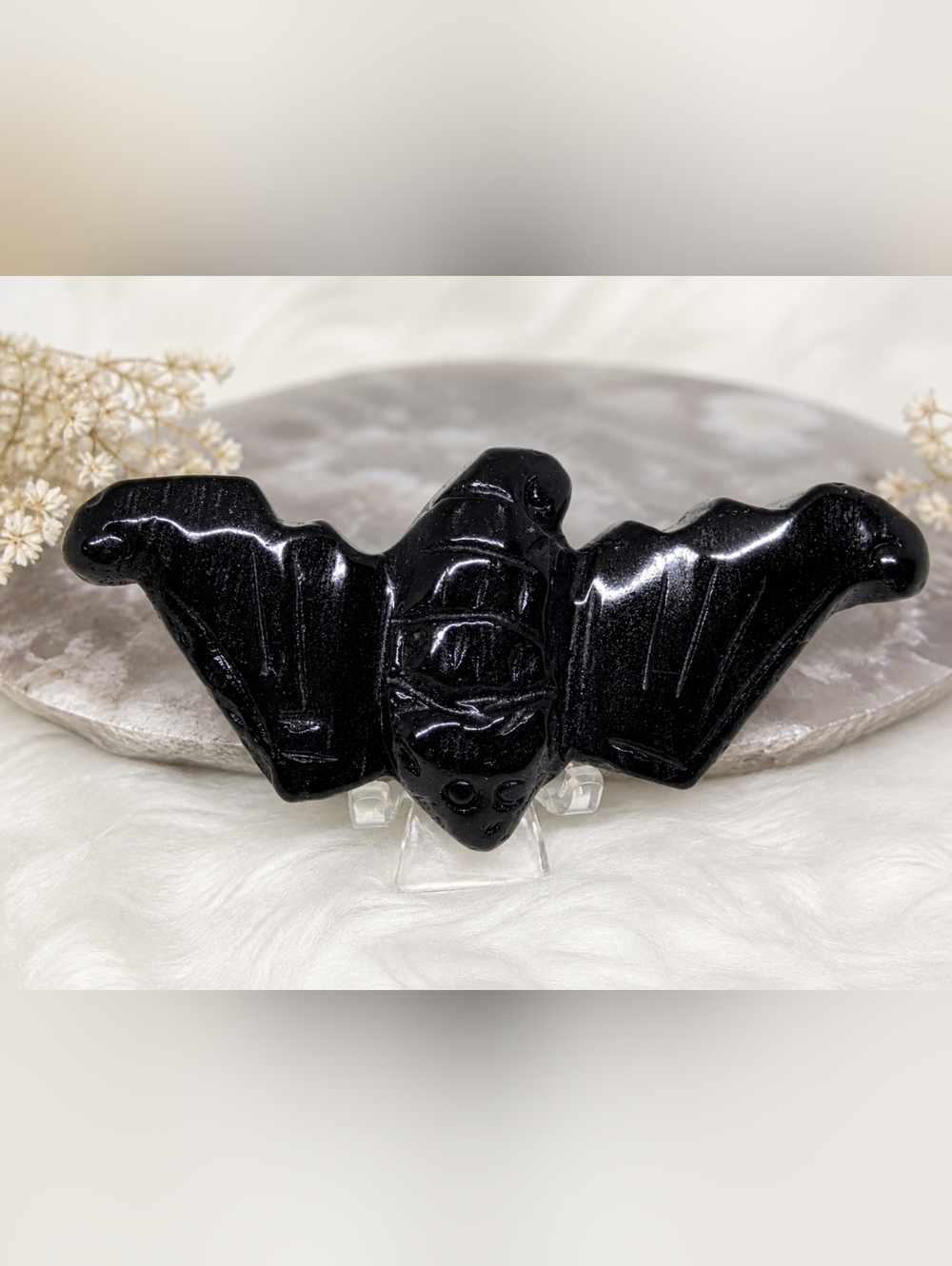 Black Obsidian Bat Crystal Carving | Glossy Black Bat  Gothic Decor | Protection